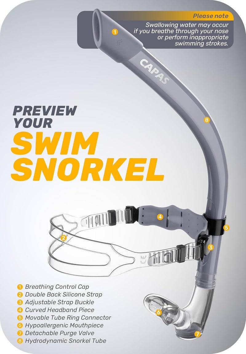 Capas Training Swim Snorkel for Lap Swimming, Swivel Headband Ultimate Fit Center-Mount Swimmers Snorkel with Liquid Silicone Mouthpiece Adjustable Strap, Designed for Adult Men Women - Image 2